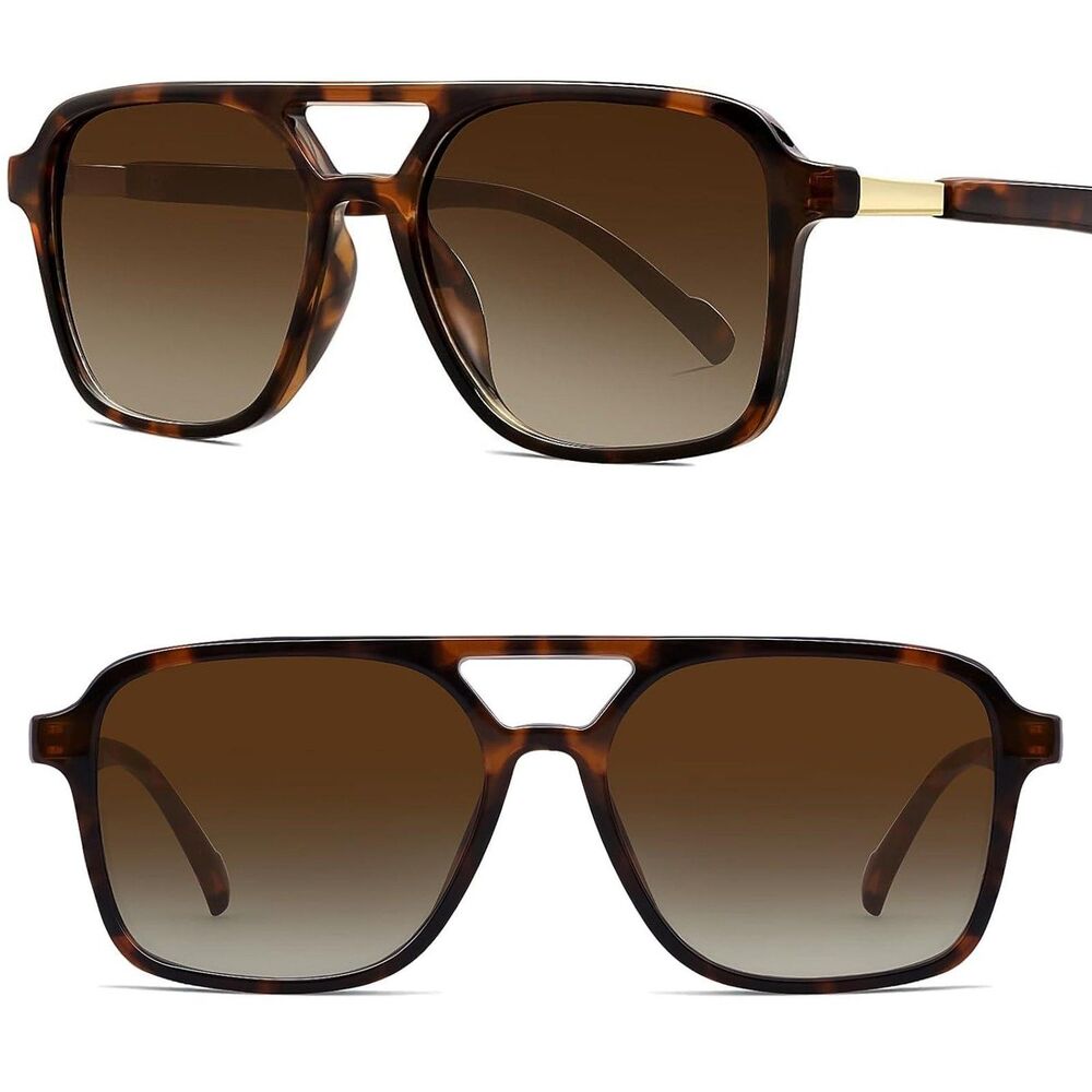 Unisex Tortoise Brown Gradient Square Pilot Double Bridge Retro 70s Sunglasses